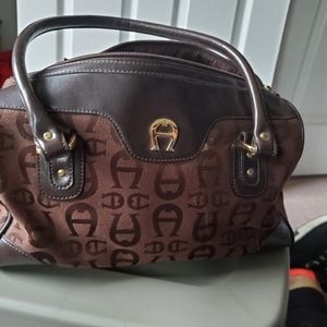 Etienne Aigner Brown Monogram Print Shoulder Bag  & Pockets